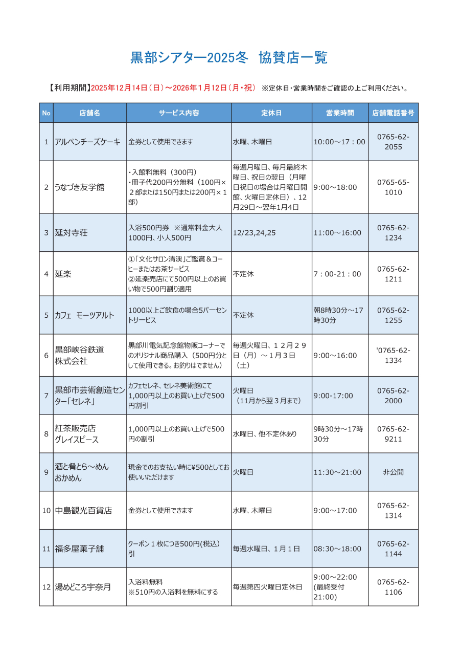 黒部シアター2025冬_協賛店一覧